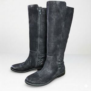 Steve Madden Size 9 Boots Zina Black Polished Suede Leather Flat Block Zipper